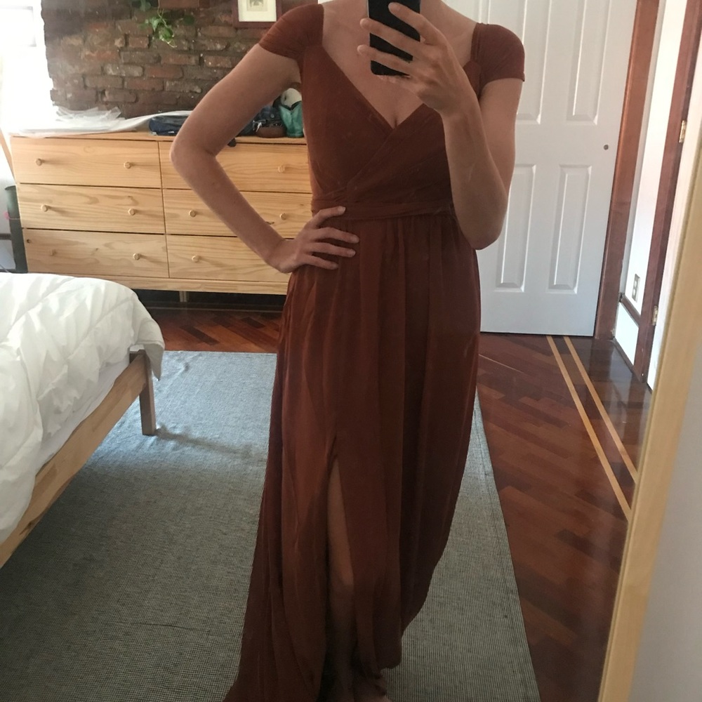 REVELRY Emma Chiffon Faux Wrap Bridesmaids Dress in Rust